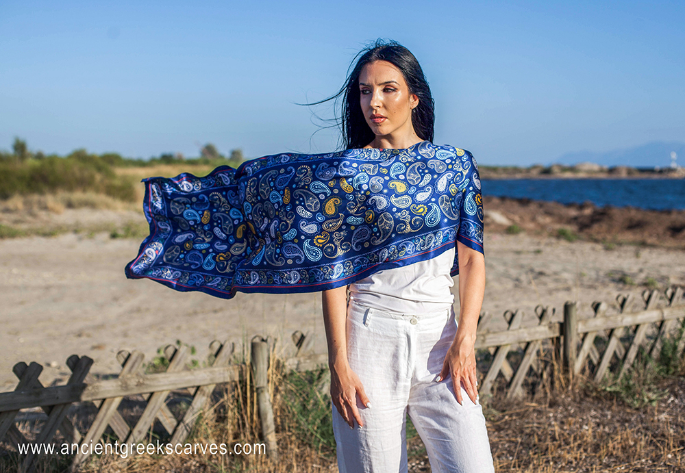 Blue silk scarf with white designs - Ancientgreekscarves.com